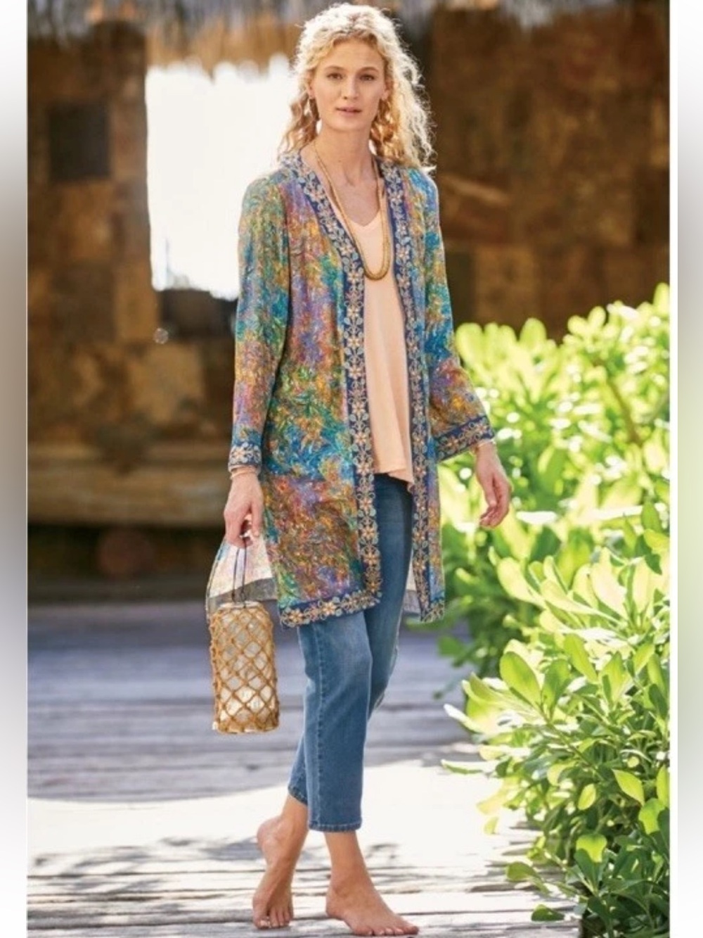Soft Surroundings Cay Villa Kimono Topper Longline Marbled Floral Embroidered M